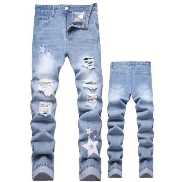 NWT Men's Light Wash Distressed Star Print Jeans - Picture 2 of 9